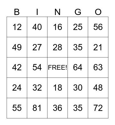 Multiplication Bingo Card