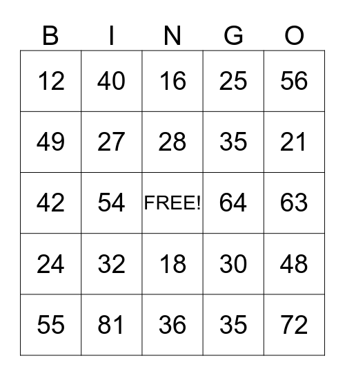 Multiplication Bingo Card