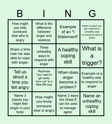 Anger Management Bingo Card