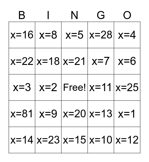 Two Step Equations Bingo Card