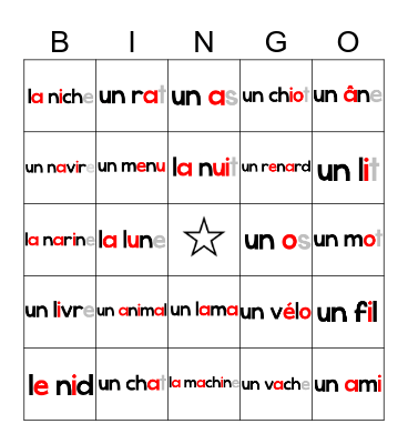 un et les mots avec n Bingo Card