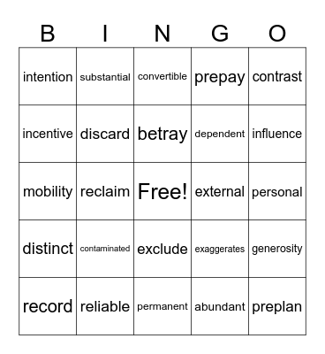 Rewards Vocabulary Bingo Card