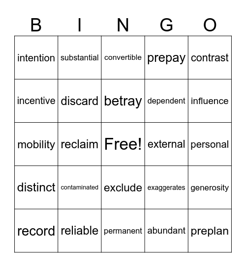 Rewards Vocabulary Bingo Card