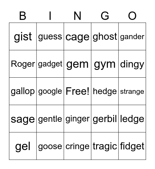 soft and hard g Bingo Card