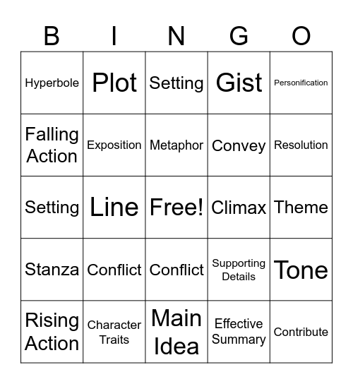 Story Elements Bingo Card