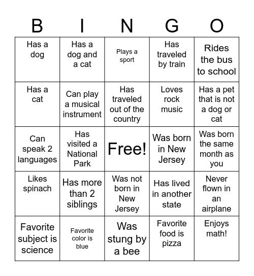 Getting To Know You Better Bingo Card