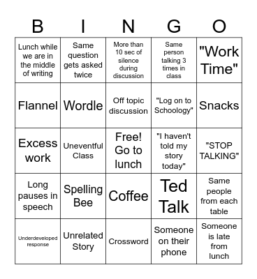 Mr Barker English Class Bingo Card