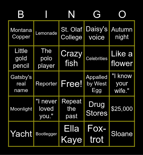 Gatsby Chapter 6 Bingo! Bingo Card