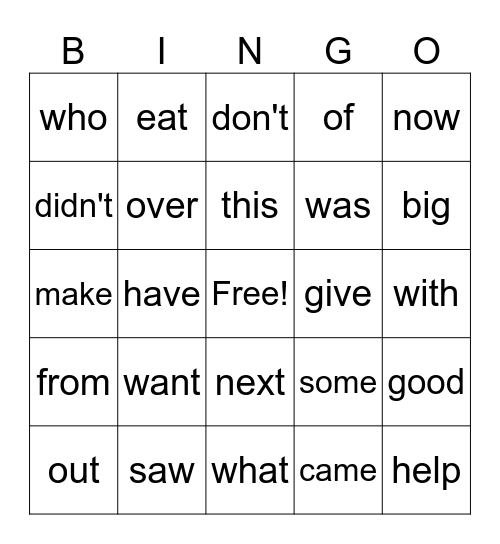 Sight Word Bingo Card