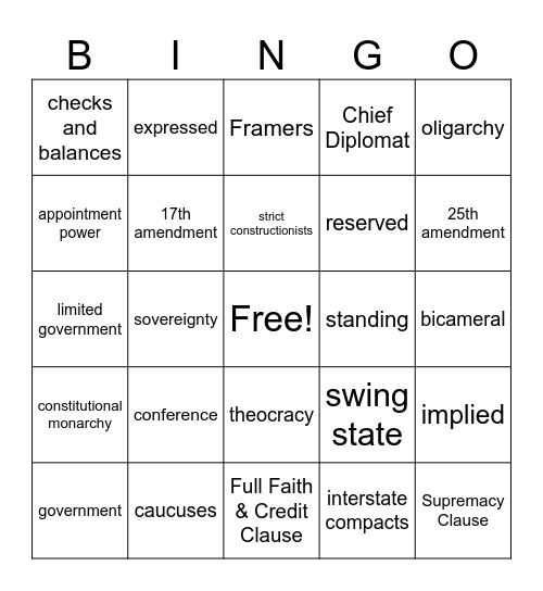 Government Exam Review BINGO Card