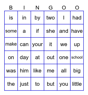 Sight Words Bingo Card