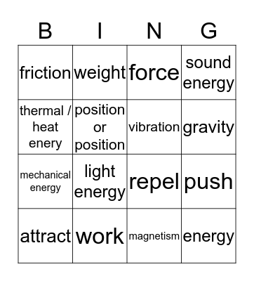 Force, Motion, Matter Bingo Card