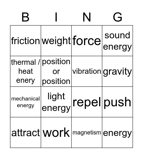 Force, Motion, Matter Bingo Card