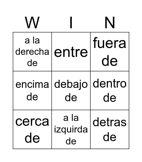 Spanish Prepositions for Location Bingo Card