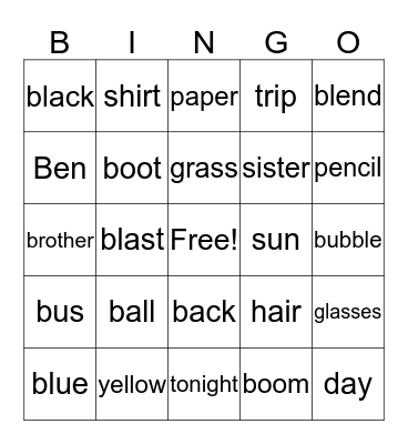 Words that start with B Bingo Card