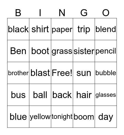 Words that start with B Bingo Card