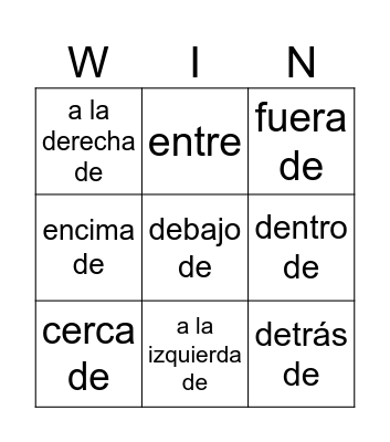 Spanish Prepositions for Location Bingo Card