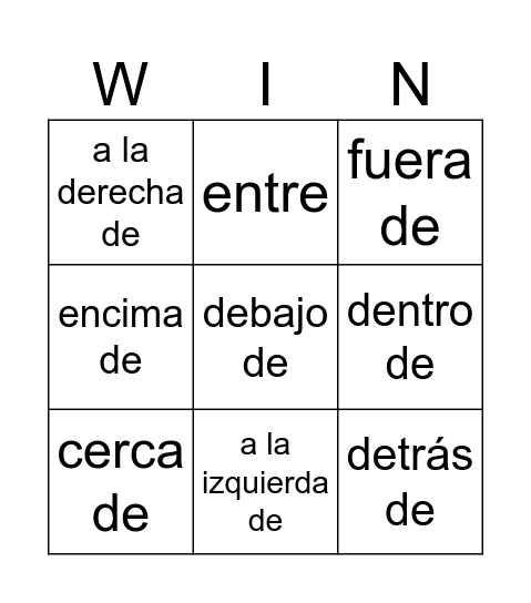 Spanish Prepositions for Location Bingo Card