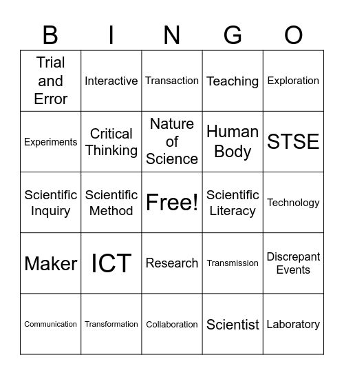 P/J Science Bingo Card