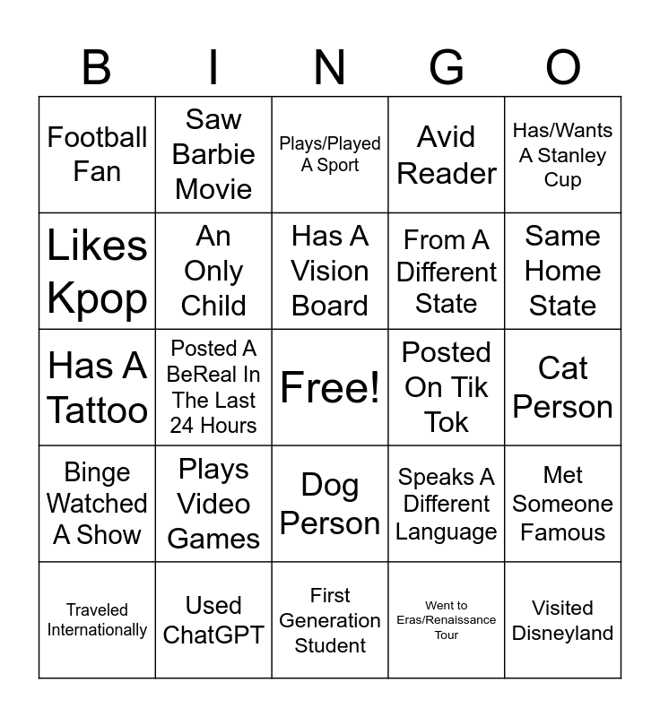 New Student Welcome Bingo Card