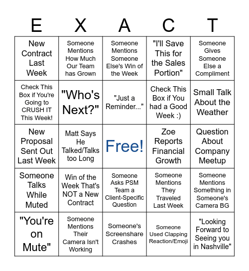 EM Monday Meeting BINGO Card