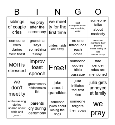 Julia Wedding Bingo Card