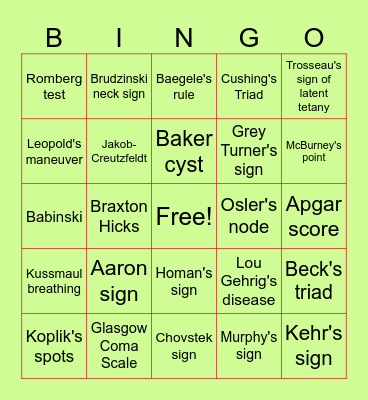 Eponymous Disorders & Signs Bingo Card