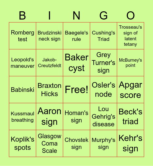 Eponymous Disorders & Signs Bingo Card