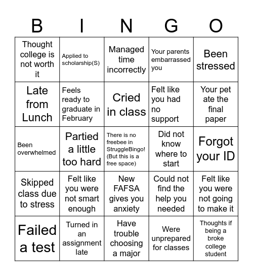 Struggle Bingo Card