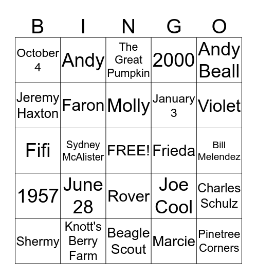 Snoopy Bingo Card