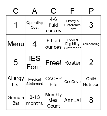 Food Program BINGO Card