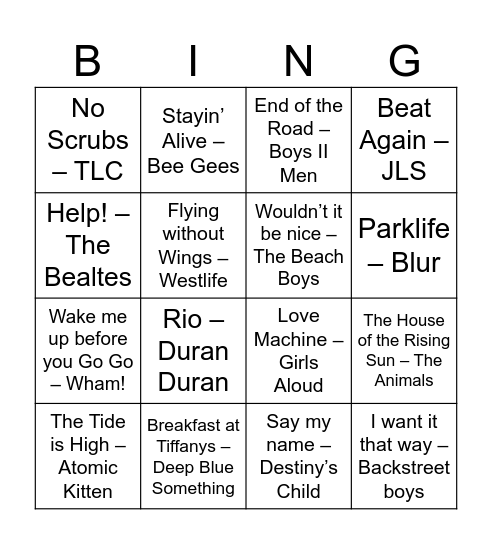 Girl Bands vs Boy Bands Bingo Card