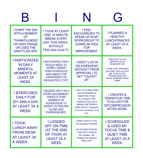 Worklife Balance Bingo Card