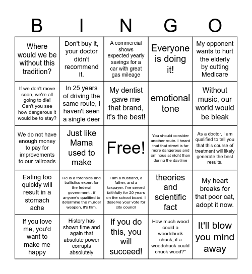 Logos, Pathos, Ethos Bingo Card