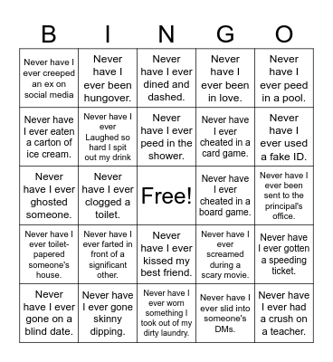 NEVER HAVE I EVER Bingo Card