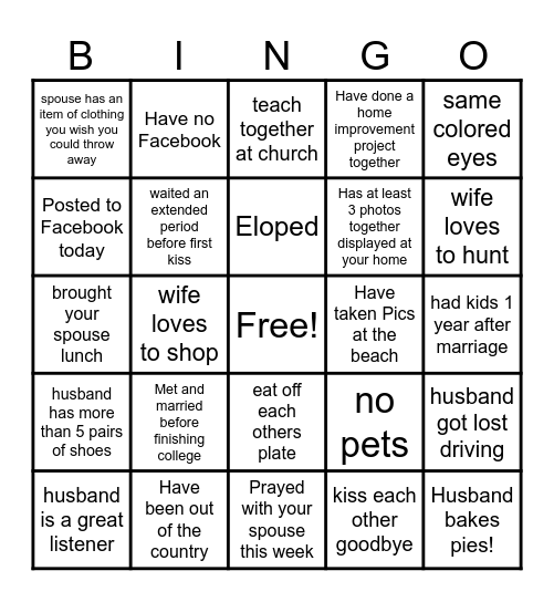 Marriage Retreat 2021 Bingo Card