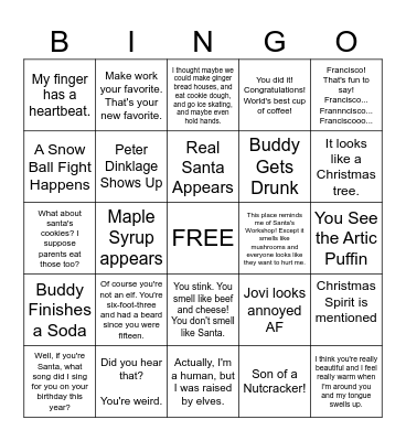 ELF MOVIE Bingo Card
