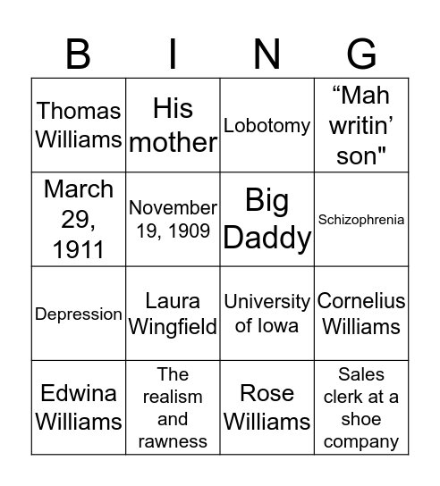 The Life of Tennessee Williams Bingo Card