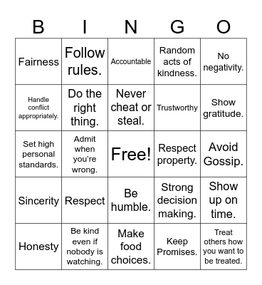 Honesty Bingo Card