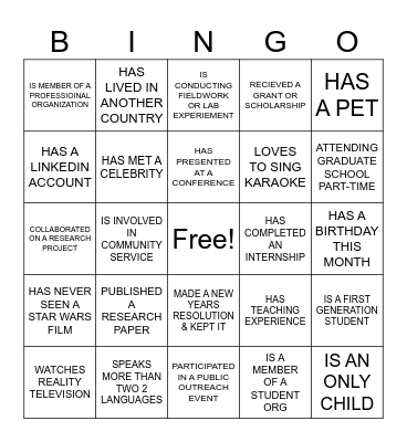 Bingo for Graduate Students Bingo Card
