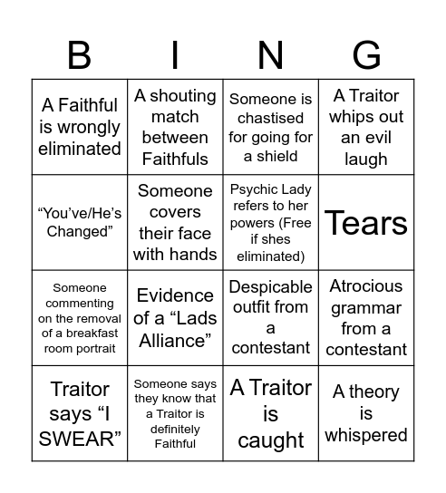 Traitors Bingo Card