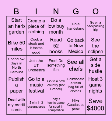 Sage's 2024 Bingo! Bingo Card