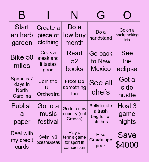 Sage's 2024 Bingo! Bingo Card