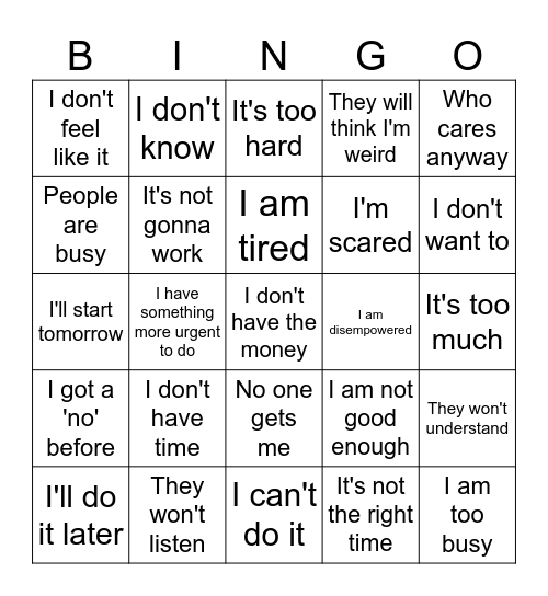 Reasons Bingo Card