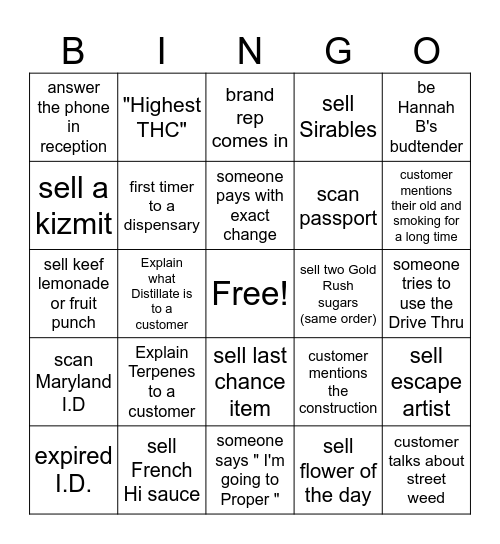 Budtender Bingo Card