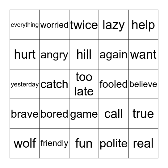 The Boy Who Cried Wolf Bingo Card