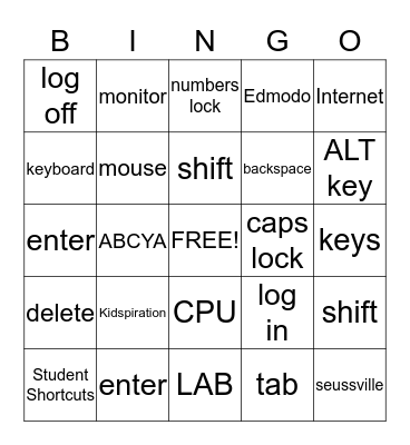Kindergarten, 1st grade Computer Bingo  Bingo Card