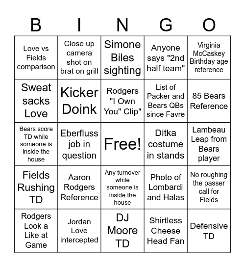 Bears - Packers Bingo Card