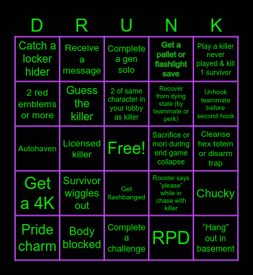 Drunk By Daylight Bingo Card