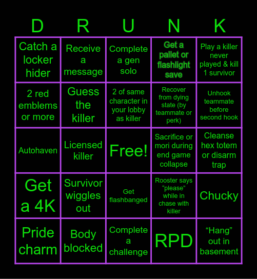 Drunk By Daylight Bingo Card